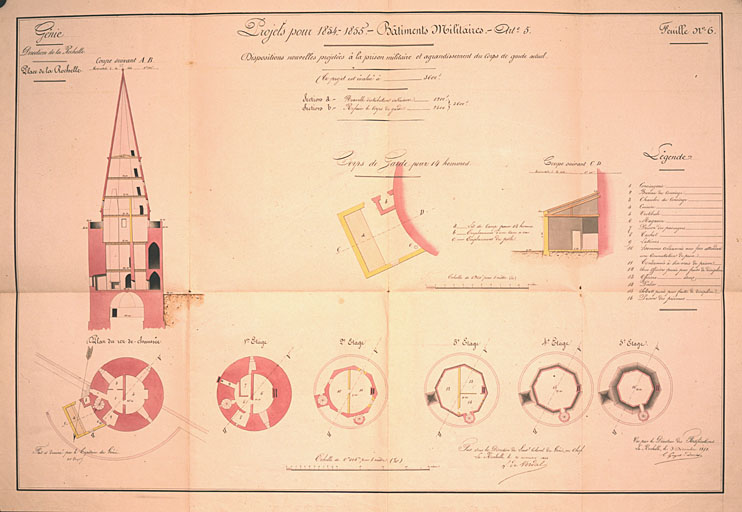 Coupe de la tour et plan à chaque niveau, avec projet d'agrandissement du corps de garde, en 1853, par de Verdal.