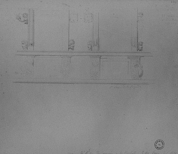 Façade, détail du 1er étage. Par Adolphe Varin, en 1871.