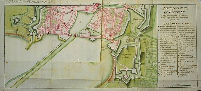 Partie du plan de La Rochelle relatif aux ouvrages proposés pour le nettoiement et le rétablissement du port, 1730, Tigné.