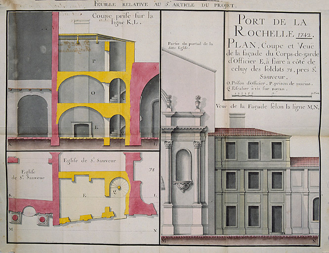 Plan, coupe, façade du corps de garde d'officier E à faire à côté de celui des soldats 78, près de Saint Sauveur, 1742.