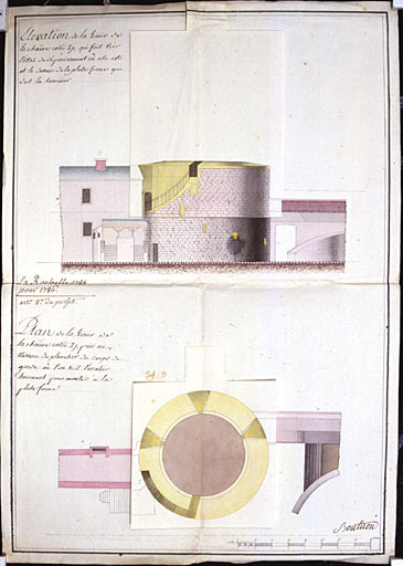 Plan et élévation nord, projet d'arasement et de transformation en 1785, par Boutiron.