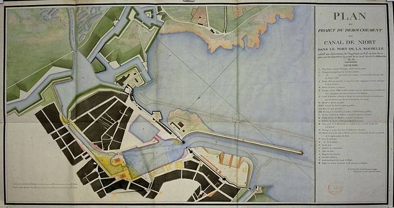 Plan du projet de débouchement du canal de Niort, en 1807, par Lecrere. Retombe baissée.