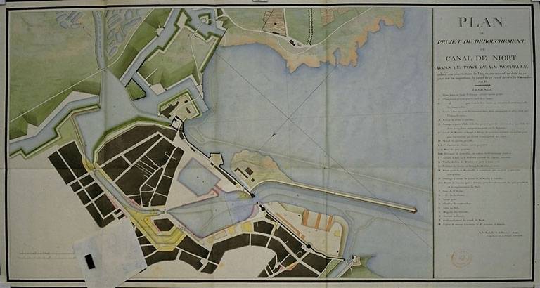 Plan du projet de débouchement du canal de Niort, en 1807, par Lecrere. Retombe levée.