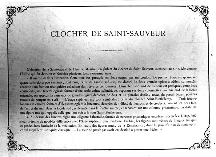 Cartouche au verso de la vue de la façade et du clocher. Extrait de l'Album Cognac.