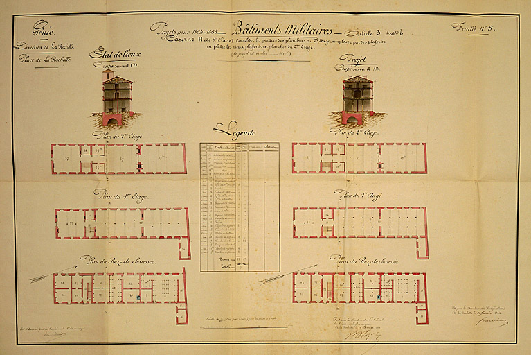 Caserne H. Plans, coupes, 1864. Bizard.