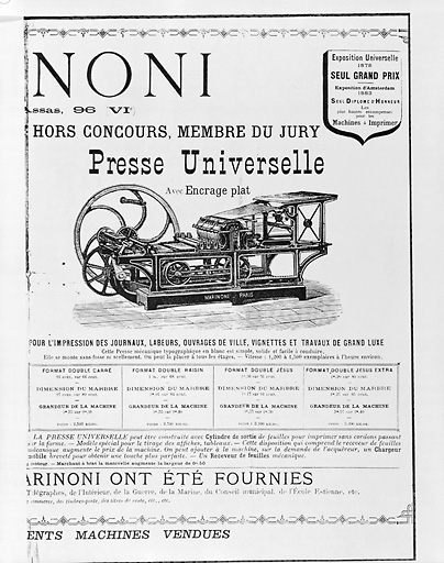 Presse universelle à encrage plat Marinoni N°2, dessin document technique.