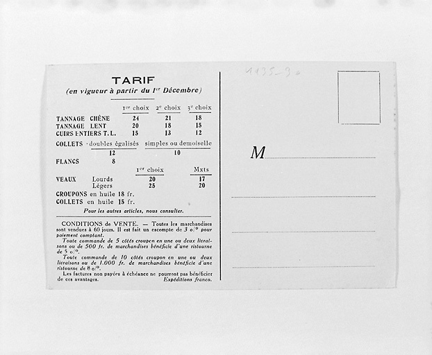 Carte de visite T.Carbonnier : verso tarifs en vigueur au 1er décembre 1935.