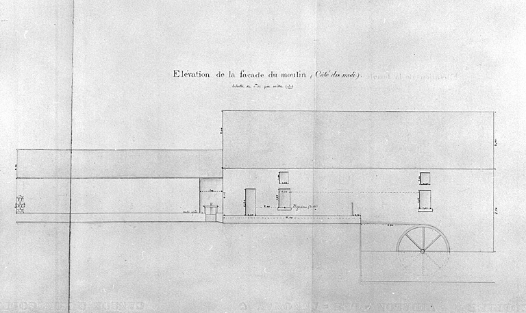 Elévation sud du moulin et la roue verticale à augets, en 1886, Ech : 1/100.