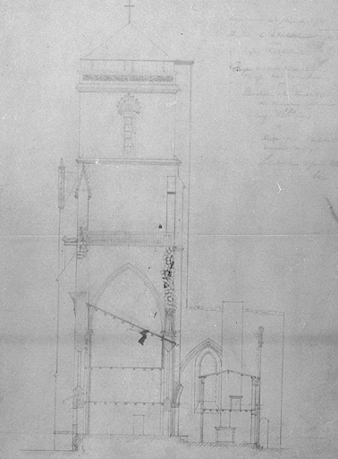 Clocher, projet de consolidation, dessin de la façade est, en 1888.