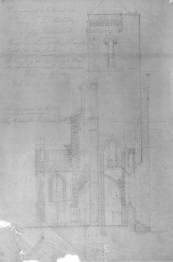 Clocher, projet de consolidation, dessin de la façade nord, en 1888.