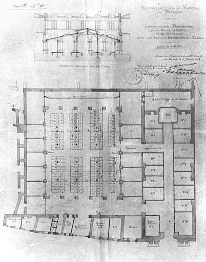 Marché au poisson, reconstruction, plan et coupe sur la cour. 1896. Corbineau.