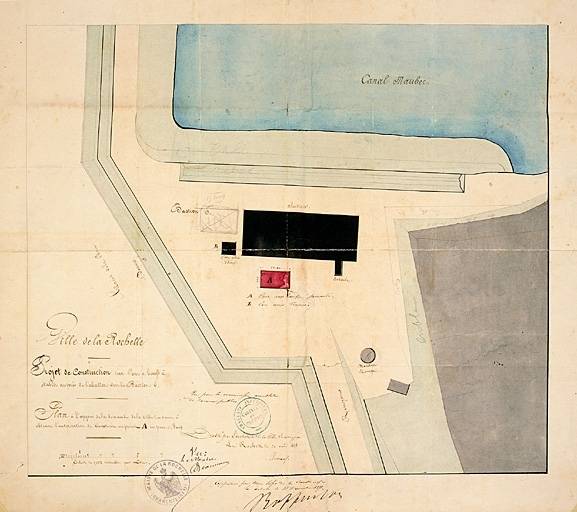 Projet de construction d'un parc à boeuf auprès de l'abattoir sur le bastion 6. 1858. Brossard.