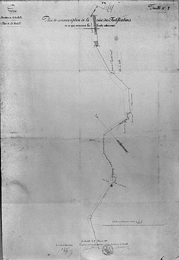 Feuille N°2, plan de circonscription de la zone de fortifications de la limite intérieure, 1861, Pouzols.