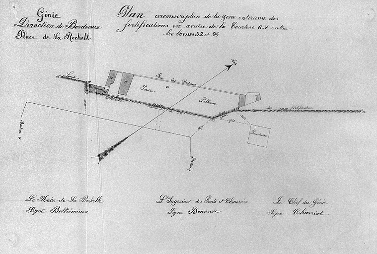 Plan de la zone intérieure en arrière de la courtine 6, 7. Charriot.