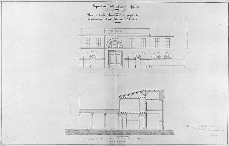 Plan de l'école chrétienne et projet de construction d'un bâtiment à l'entrée, 1849, Brossard.