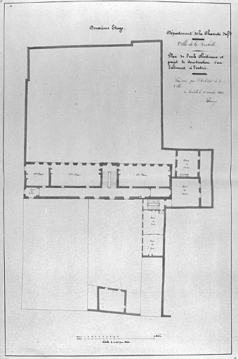 Plan de l'école chrétienne et projet de construction d'un bâtiment à l'entrée, deuxième étage. 1849. Brossard.