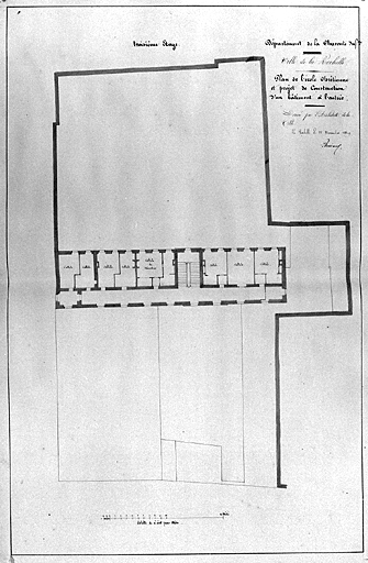 Plan de l'école chrétienne et projet de construction d'un bâtiment à l'entrée, troisième étage. Brossard.