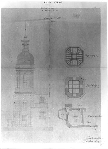 Elévation du clocher indiquant la restauration du dôme. 1879. Massiou.