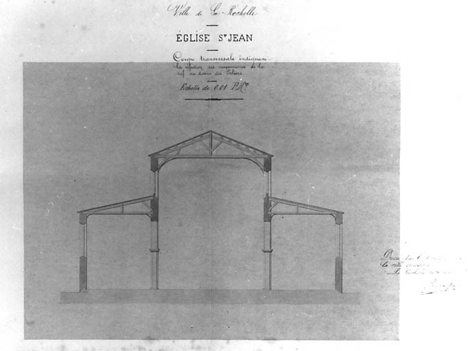 Coupe transversale indiquant la réfection des maçonneries de la nef, au dessus des piliers. 1879. Massiou.