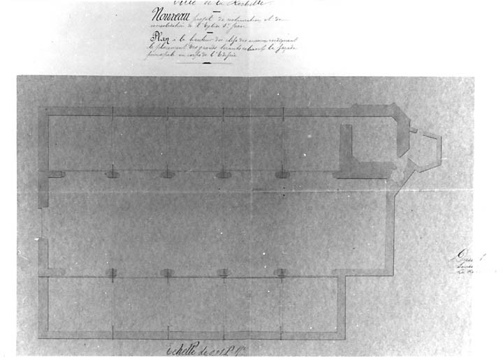 Nouveau projet de restauration et de consolidation. Plan à la hauteur des clefs des cerceaux indiquant le placement des grands tirants reliant la façade au corps de l'édifice. 1878.