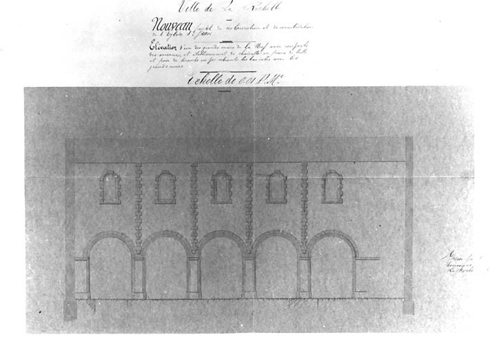 Nouveau projet de consolidation et de restauration. Elévation d'un des grands murs de la nef avec renforts des arceaux et établissement de chaînettes en pierre de taille et pose de tirants en fer reliant les bas côtés avec les grands murs. 1878.