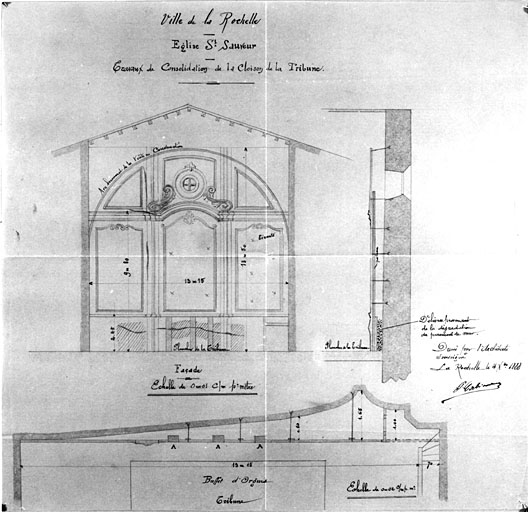 Travaux de consolidation de la cloison de la tribune, en 1888, par P. Corbineau.