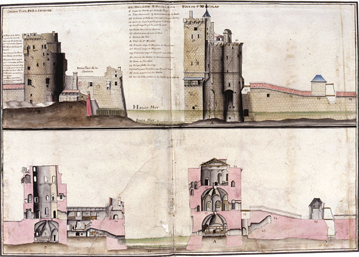 Tour Saint Nicolas et tour de la Chaîne, élévations sud et coupes, vers 1740, par Bournaud, d'après Cl. Masse.