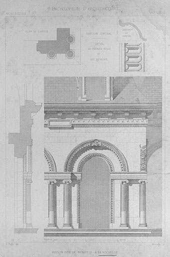 Détail du premier étage et des lucarnes. Naples. Maurage. Gravure extraite de l'Encyclopédie d'architecture : architecture XVIe siècle, p. 29.