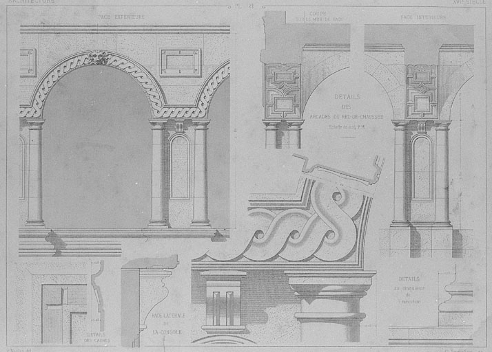 Détail des arcades du rez-de-chaussée. Naples. Sauvageot. Gravure extraite de l'Encyclopédie d'architecture : architecture XVIe siècle, p. 21.