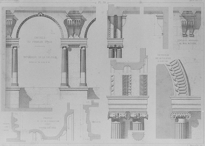 Détail du premier étage, intérieur et extérieur de la galerie. Naples. Maurage. Gravure extraite de l'Encyclopédie d'architecture : architecture XVIe siècle, p. 39.