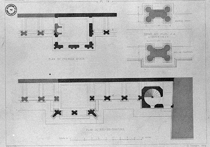 Plan du rez-de-chaussée, du premier étage, détail des piles. Extrait de l'Encyclopédie d'architecture : architecture XVIe siècle, p. 14.