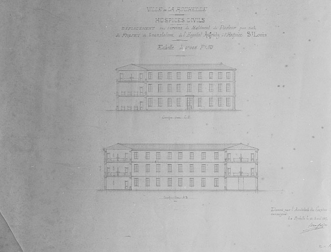 Bâtiment du pasteur, élévations et coupes, 1887, [Massiou].