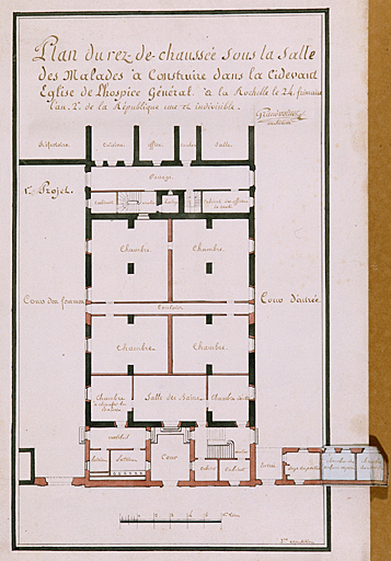 Chapelle, projet d'aménagement sous la salle des malades, an II, par Grandvoinet.
