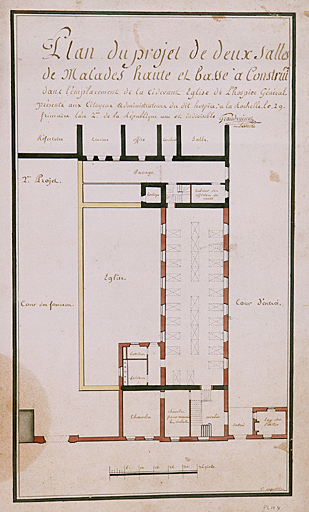 Chapelle, projet d'aménagement de deux salle des malades, an II, par Grandvoinet.