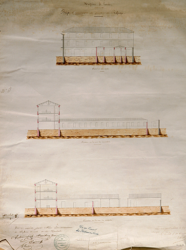 Quartier du Refuge, projet de reconstruction, élévation et coupes, 1841, par Brossard.