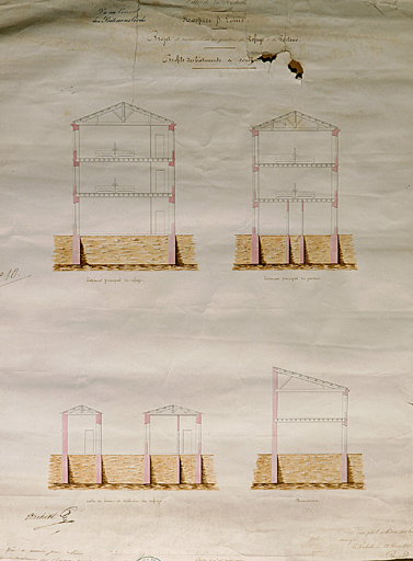 Quartier du Refuge, projet de reconstruction, bâtiment principal, coupes, 1841, par Brossard.