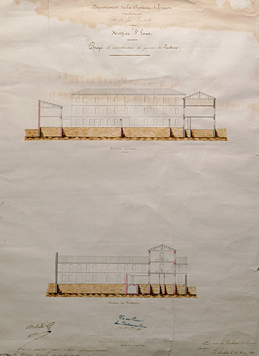 Corps principal et buanderies, élévations et coupes, 1841, par Brossard.