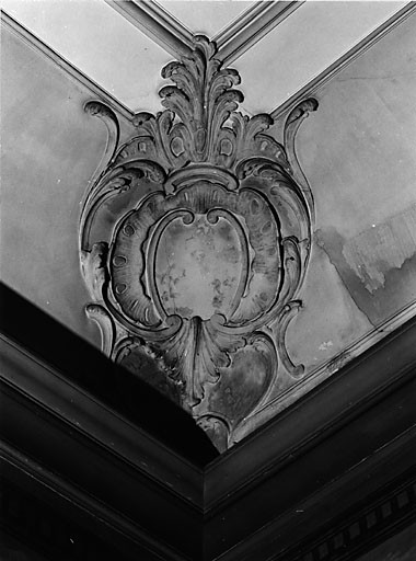 Salle haute, plafond, motif stuqué à l'angle.