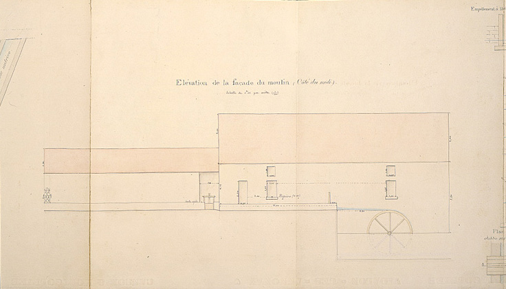 Elévation du moulin et de la roue verticale à auget, Ech : 1/100e.
