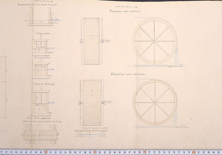 Plan des vannages et des roues verticales à augets, en 1886, Ech : 1/100.
