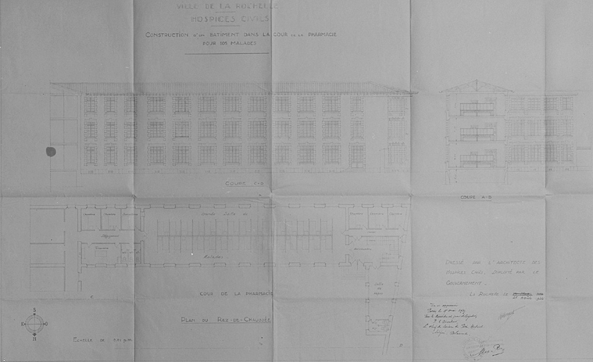 Construction d'un bâtiment dans la cour de la pharmacie, plan du rez-de-chaussée, coupes, élévations. 25 août 1936, par Morguet.