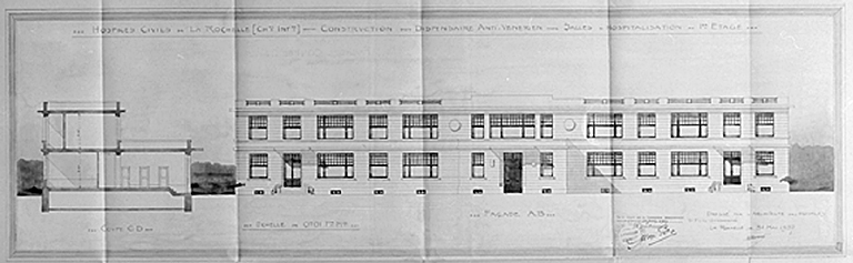 Construction d'un dispensaire antivénérien. Façade. 7 mai 1937, par Morguet.