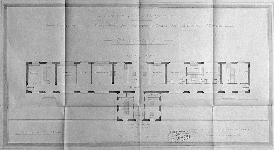 Construction d'un dispensaire antivénérien. Plan du rez-de-chaussée. 7 mai 1937, par Morguet.