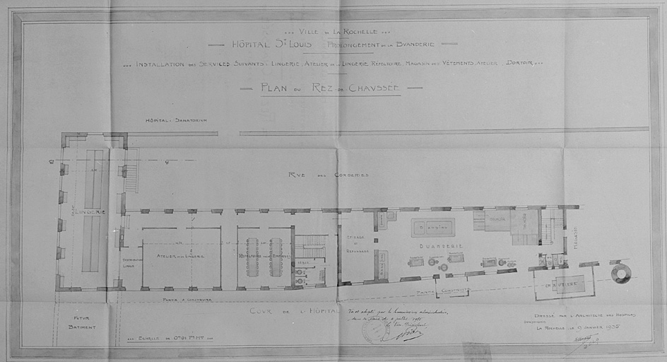 Prolongement de la buanderie. Plan du rez-de-chaussée. 9 janvier 1935, par Morguet.