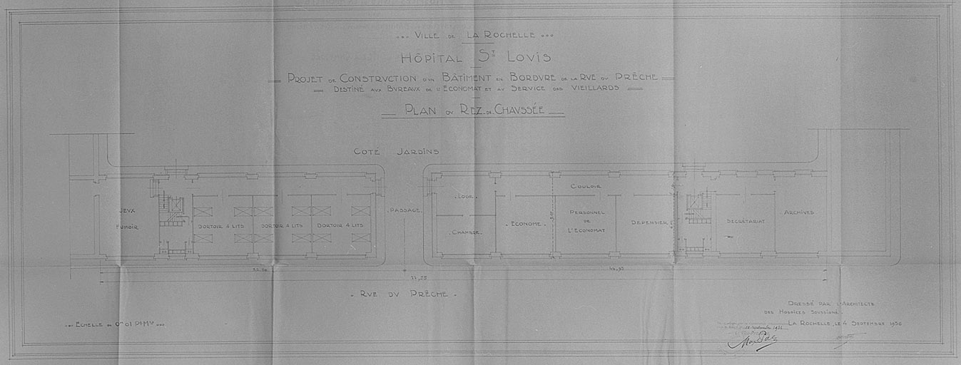 Projet de construction de bureaux de l'économat et d'un service de vieillards. Plan du rez-de-chaussée. 4 septembre 1936, par Morguet.