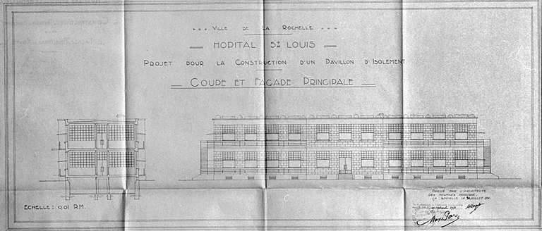 Projet de construction d'un pavillon d'isolement. Coupe et façade principale. 20 juillet 1936, par Morguet.