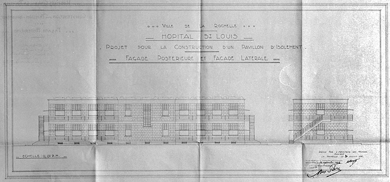 Projet de construction d'un pavillon d'isolement. Façades postérieure et latérale. 20 juillet 1936, par Morguet.