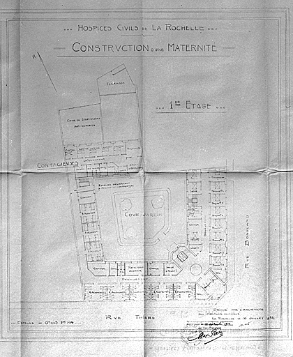 Projet de construction d'une maternité. Plan du premier étage. 10 juillet 1936, par Morguet.