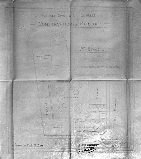 Projet de construction d'une maternité. Plan du troisième étage. 10 juillet 1936, par Morguet.