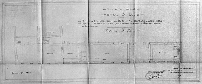 Projet de construction d'un bâtiment en bordure de la rue Thiers. Plan du sous sol. 2 juillet 1936, par Morguet.